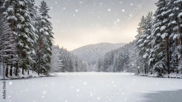 Fototapeta Serene winter wonderland landscape with snow falling gently on frozen lake surrounded by snow covered pine trees creating a peaceful scene