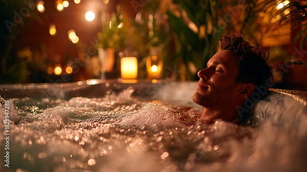 Fototapeta spa scene showing man enjoying bubble bath with warm ambient lighting, candles, tranquil environment, calm wellness therapy, serene atmosphere and rejuvenation for healthy lifestyle indulgence