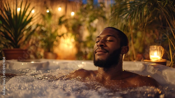 Fototapeta spa scene showing man enjoying bubble bath with warm ambient lighting, candles, tranquil environment, calm wellness therapy, serene atmosphere and rejuvenation for healthy lifestyle indulgence