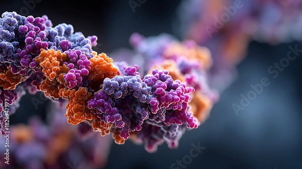 Fototapeta molecular composition showcasing protein shapes in bright tones, offering microscopic clarity for biology research, medical science, biochemistry learning and advanced structural analysis