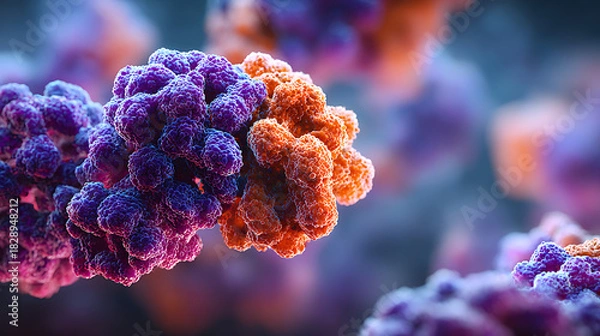 Fototapeta molecular composition showcasing protein shapes in bright tones, offering microscopic clarity for biology research, medical science, biochemistry learning and advanced structural analysis