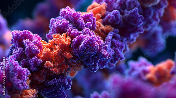 Fototapeta molecular composition showcasing protein shapes in bright tones, offering microscopic clarity for biology research, medical science, biochemistry learning and advanced structural analysis