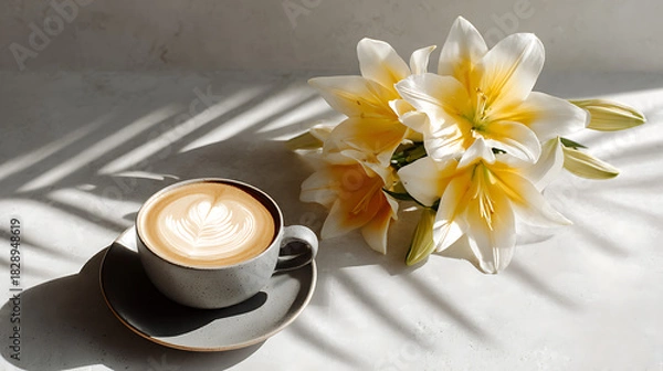 Fototapeta ceramic coffee cup with intricate latte art on sunlit table decorated with white and yellow lilies, creating cozy morning scene, minimalist floral decor, relaxing coffee moment and calm breakfast sett