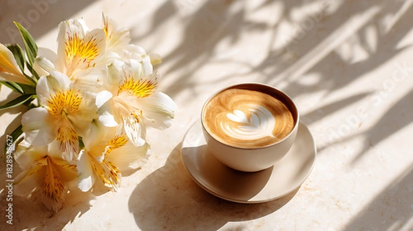 Fototapeta ceramic coffee cup with intricate latte art on sunlit table decorated with white and yellow lilies, creating cozy morning scene, minimalist floral decor, relaxing coffee moment and calm breakfast sett
