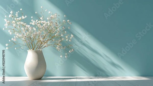 Fototapeta white flowers displayed in a vase placed before a pastel blue wall where subtle natural light and shadows enhance the calm elegant and minimal atmosphere