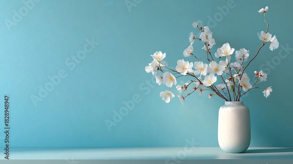 Fototapeta white flowers displayed in a vase placed before a pastel blue wall where subtle natural light and shadows enhance the calm elegant and minimal atmosphere