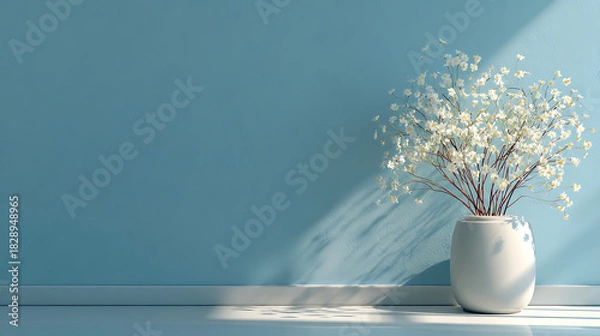 Fototapeta white flowers displayed in a vase placed before a pastel blue wall where subtle natural light and shadows enhance the calm elegant and minimal atmosphere