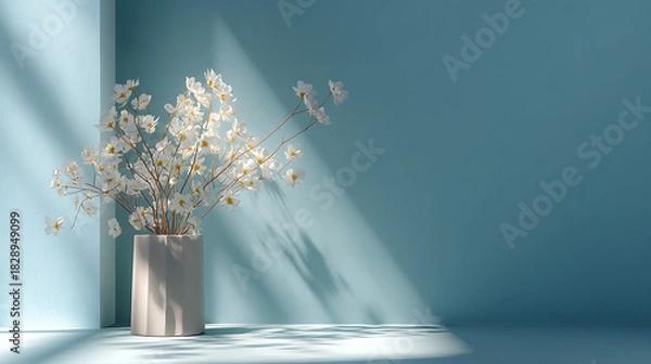 Fototapeta white flowers displayed in a vase placed before a pastel blue wall where subtle natural light and shadows enhance the calm elegant and minimal atmosphere