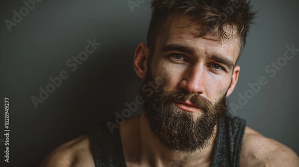 Fototapeta rugged hipster male with strong facial features, well groomed beard, confident expression and relaxed posture photographed in a clean portrait style suitable for contemporary fashion and lifestyle con