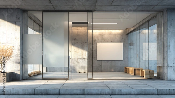 Fototapeta modern office space with frosted glass sliding doors and a clean blank panel on a concrete wall offering a bright contemporary setting suitable for signage branding and informational displays