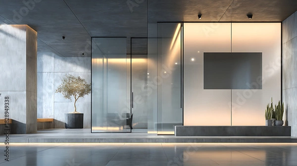 Fototapeta modern office space with frosted glass sliding doors and a clean blank panel on a concrete wall offering a bright contemporary setting suitable for signage branding and informational displays