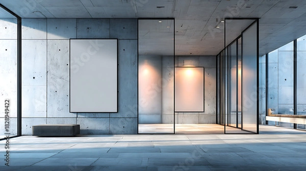 Fototapeta modern office space with frosted glass sliding doors and a clean blank panel on a concrete wall offering a bright contemporary setting suitable for signage branding and informational displays