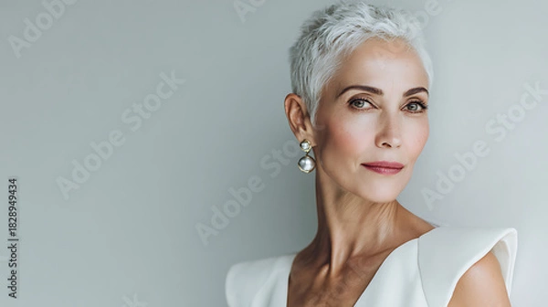 Fototapeta middle aged woman in a white dress, posed gracefully against a clean background, soft tones and minimal styling enhancing the serene and natural visual appeal