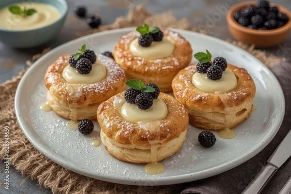 Obraz Delicious pastry desserts topped with cream and blackberries served on a white plate