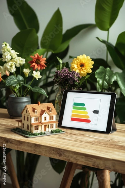 Fototapeta Energy efficient house project showcasing sustainable living with plants and digital tools