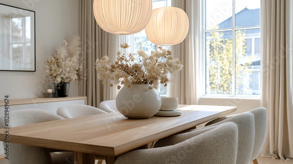 Fototapeta cozy scandinavian dining area featuring light wood furniture, beige chairs, soft natural lighting from a large window, clean minimalist design and neutral tones enhancing warm modern interior style