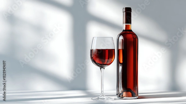 Fototapeta red wine glass and bottle showcased in a clean minimal environment with natural lighting that enhances shadows and creates a serene modern aesthetic focused on beverage elegance