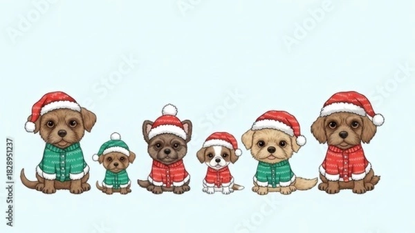 Fototapeta Adorable puppy Christmas parade in festive hats and sweaters, a heartwarming holiday scene full of joy and canine charm for your seasonal designs