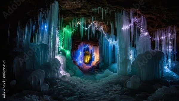 Fototapeta Discover a stunning ice cave illuminated with vibrant lights, perfect for winter travel ads or unique holiday promotions and magical experiences