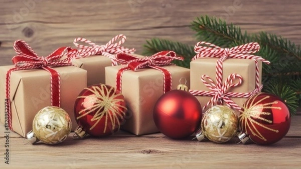 Fototapeta Charming Christmas presents with rustic charm and vibrant ornaments create a feeling of holiday magic and festive cheer for the season