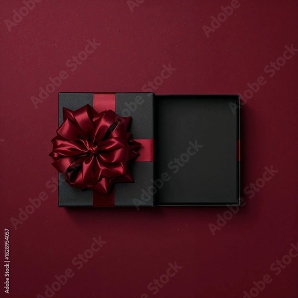 Fototapeta Elegant black gift box with a lush red bow, partially opened on a rich burgundy background.