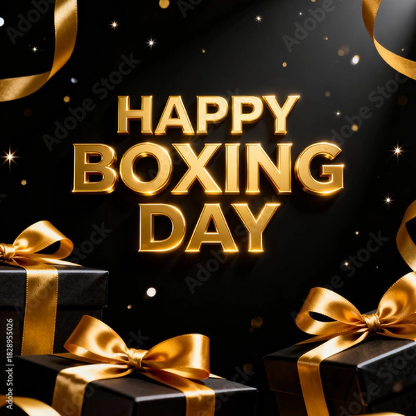 Fototapeta Elegant golden happy boxing day greeting with festive gifts and sparkling confetti on a dark background