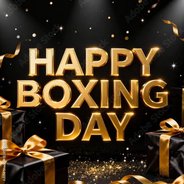 Fototapeta Golden happy boxing day text with festive gifts and falling confetti on a dark background