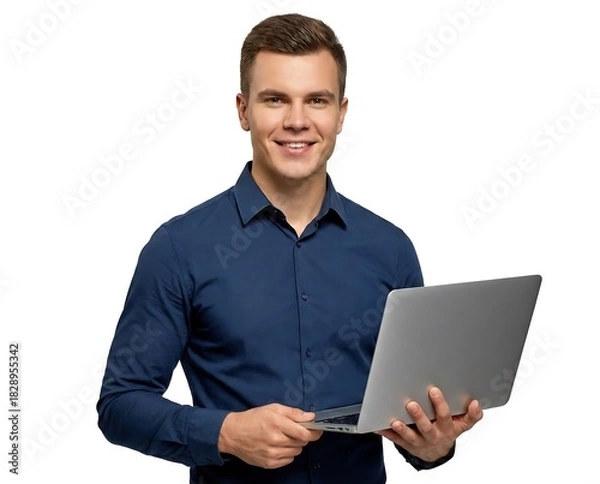 Obraz Smiling young man in a blue shirt holding a modern silver laptop, looking at camera, standing, studio shot