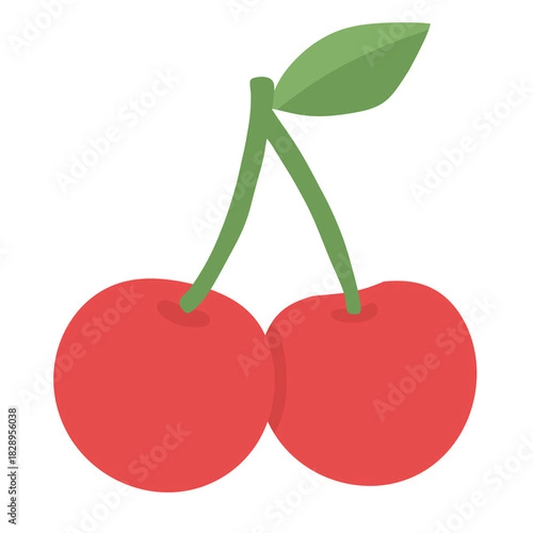 Fototapeta Vibrant Cherry Duo: A refreshing illustration of two ripe cherries, their bright red hue contrasting with the green of their stems and leaf, perfect to represent freshness and simplicity.