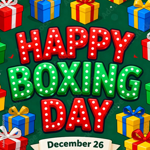 Fototapeta Festive happy boxing day greeting with colorful gift boxes and illuminated marquee letters
