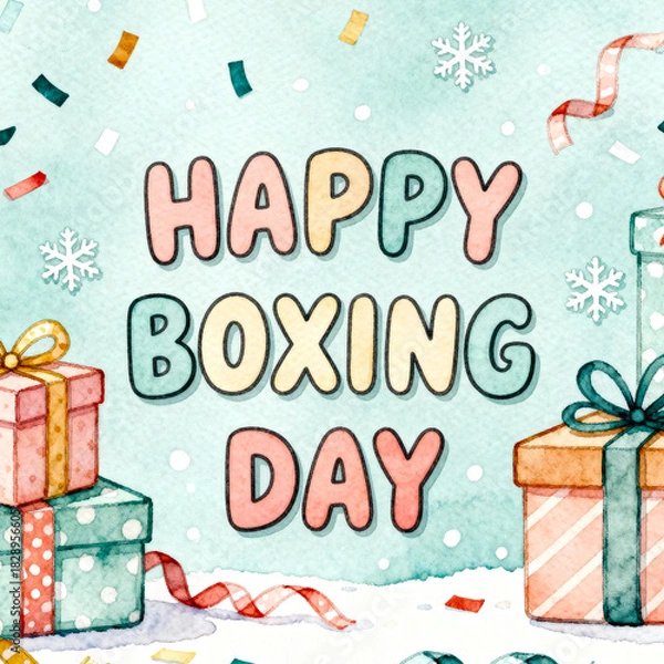 Fototapeta Happy boxing day greeting with colorful gift boxes and festive confetti on a light blue background