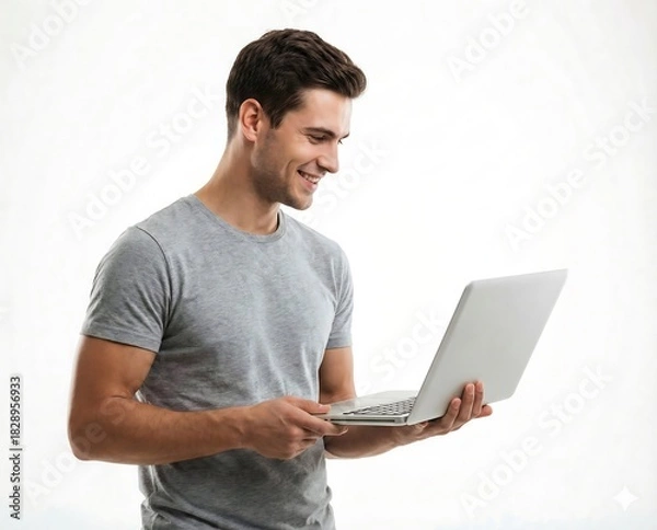 Obraz Smiling young man holding and looking at a laptop with a happy expression while standing isolated.