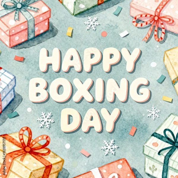 Fototapeta Festive happy boxing day greeting with beautifully wrapped gift boxes and scattered confetti on a textured background