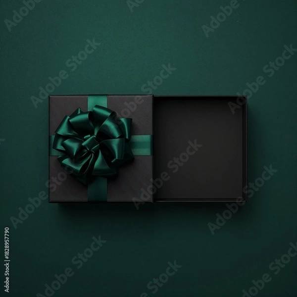 Fototapeta A black gift box with a dark green ribbon and bow, partially open on a deep green background, viewed from above.
