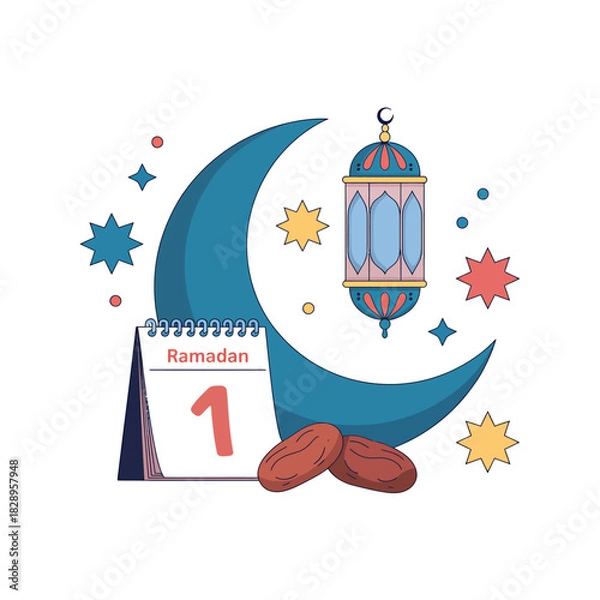 Fototapeta Ramadan first day with crescent moon, fanoos, dates, calendar