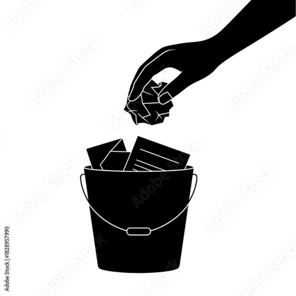 Fototapeta Hand dropping crumpled paper into a full trash can illustration