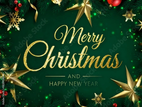 Fototapeta Elegant golden merry christmas and happy new year text with festive stars and bokeh on a dark green background
