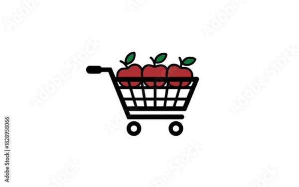 Fototapeta Shopping cart filled with three red apples, simple illustration