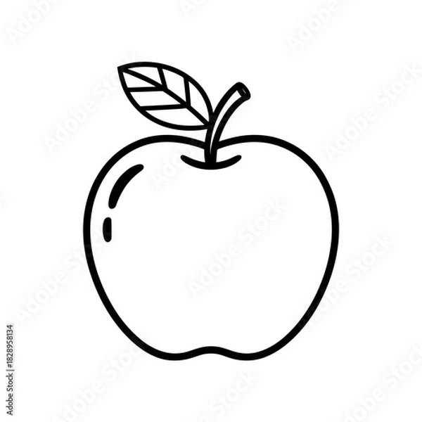 Fototapeta Apple fruit outline, simple black line drawing with leaf and stem.