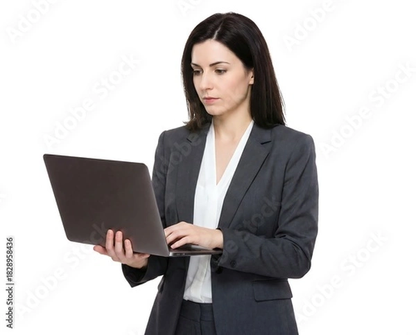 Obraz Professional businesswoman standing, focused on typing and working on a laptop computer.