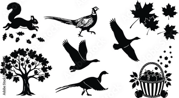 Fototapeta Black silhouette vector art of autumn forest animals birds oak tree maple leaves and apple harvest basket in simple seasonal set