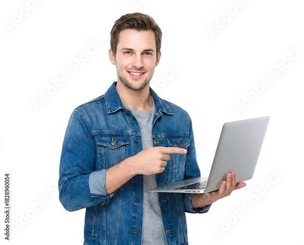 Obraz Smiling young man in denim jacket pointing at laptop, showcasing digital technology and modern lifestyle
