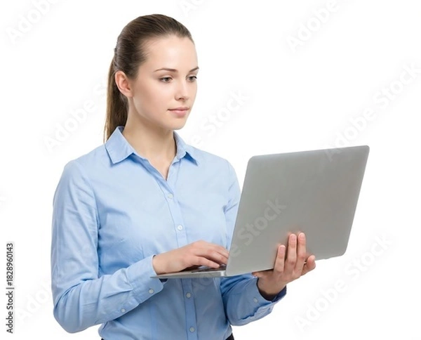 Obraz Professional woman standing, typing on a modern laptop, focused on digital tasks for efficient business workflow.
