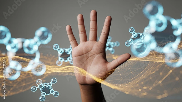 Fototapeta Human hand reaches out amidst network of molecular structures, highlighting scientific advancement and medical breakthroughs in a cutting-edge technology field