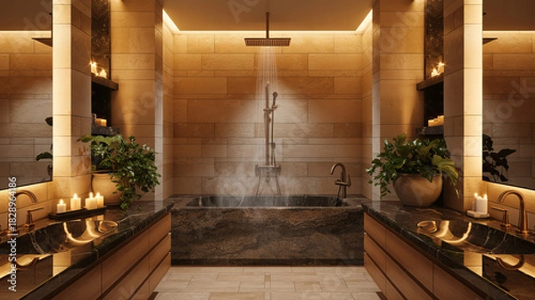 Fototapeta Escape to Serenity Luxurious spa bathroom with rainfall shower, marble tub, and soft candlelight creates a relaxing oasis, perfect for wellness designs