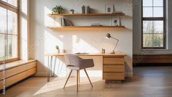 Fototapeta Inviting home office setup with warm sunlight, wooden desk, and modern chair, perfect for study, remote work, or creative projects in a stylish space