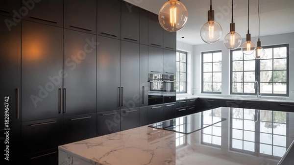 Fototapeta Modern black kitchen featuring a marble island, pendant lights, and large windows offering a sleek and sophisticated cooking space for culinary enthusiasts