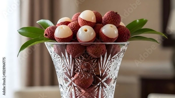 Fototapeta Elegant Crystal Vase Filled with Ripe Lychee Fruits and Green Leaves in Indoor Setting