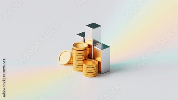 Fototapeta Golden coins and silver bar graph show financial growth and success, perfect for investment planning, stocks, and wealth management campaigns