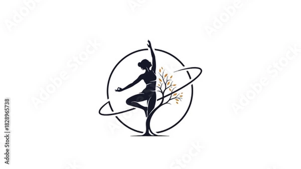 Fototapeta Silhouette of a woman in a yoga pose with a tree and circular design.